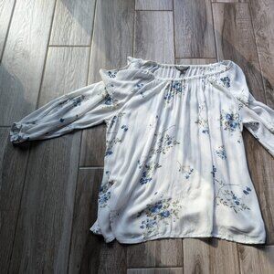 Denver Hayes Women’s Off Shoulder Floral Blouse White Blue Long Sleeve Size M